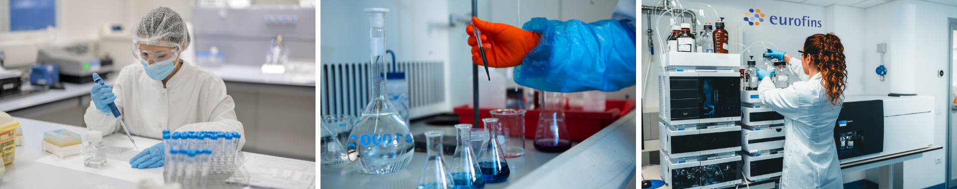 Varios técnicos de laboratorio con bata, guantes, mascarilla y gafas protectoras, realizando análisis en un laboratorio especializado en el control de agua de grado farmacéutico. Los técnicos llevan a cabo pruebas rigurosas para garantizar que el agua cumpla con los estándares más altos de pureza y calidad, esenciales para la fabricación de productos farmacéuticos seguros y efectivos.