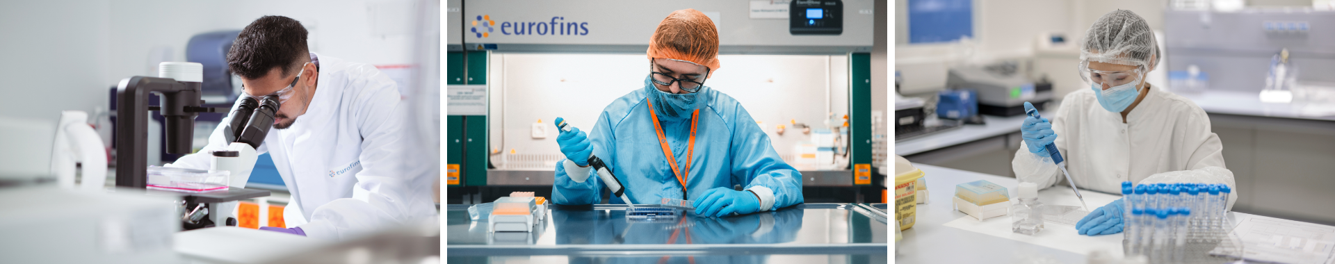 Varios técnicos de laboratorio en un laboratorio de Eurofins BioPharma Product Testing, realizando un análisis sobre la eficacia del sistema conservante en productos farmacéuticos. Las científicas, con bata de laboratorio y guantes protectores, utilizan equipos avanzados para evaluar la capacidad de conservación del producto, asegurando su seguridad y estabilidad a lo largo del tiempo.