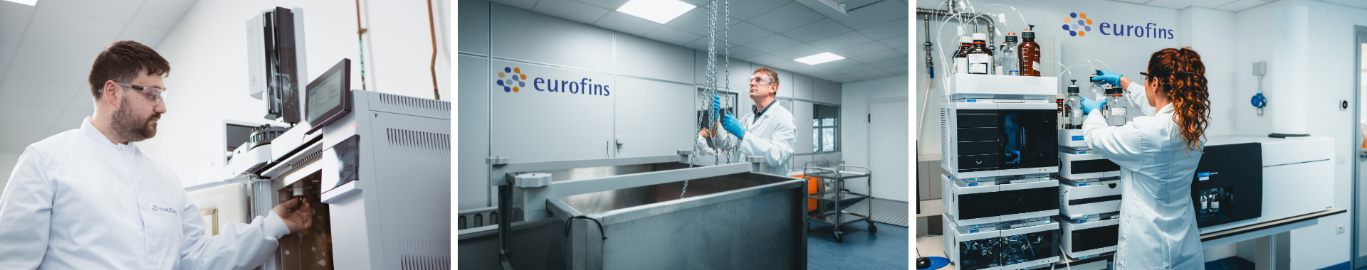 Varios técnicos de laboratorio  en un laboratorio de Eurofins BioPharma Product Testing, realizando pruebas de control en el packaging primario. Utilizando equipos de última generación, la técnica verifica la calidad de los materiales y asegura que cumplan con los estándares requeridos. Eurofins BioPharma Product Testing ofrece una amplia experiencia y una oferta completa de técnicas para realizar ensayos precisos y confiables en materias primas.