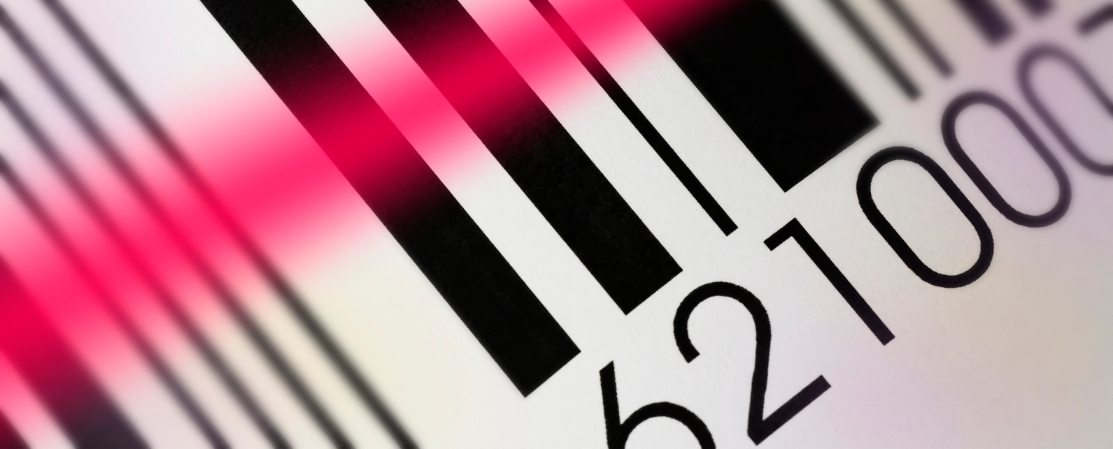 A bar code label being scanned with a red laser light