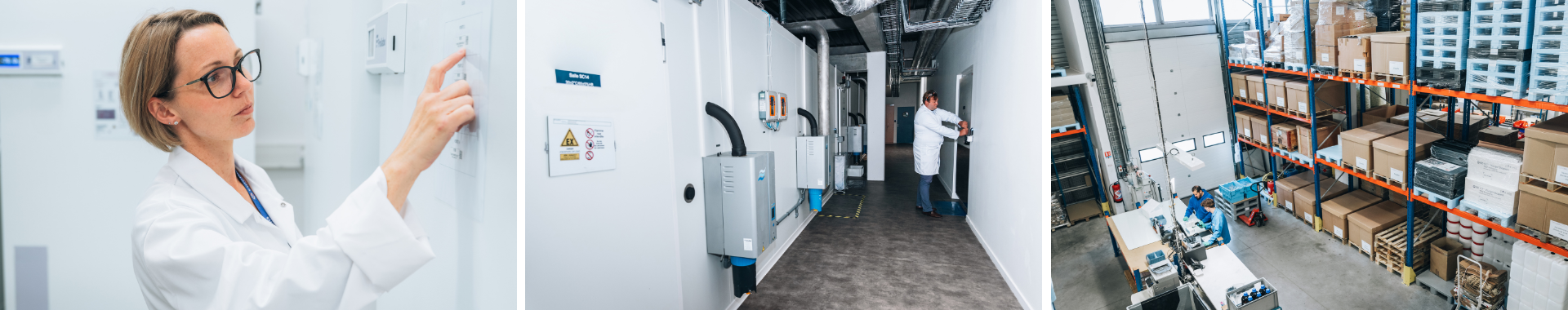 Técnicos de laboratorio trabajando en el área de almacenamiento de Eurofins. La escena destaca la organización, la precisión y las medidas de seguridad implementadas para el manejo y almacenamiento de materiales sensibles.