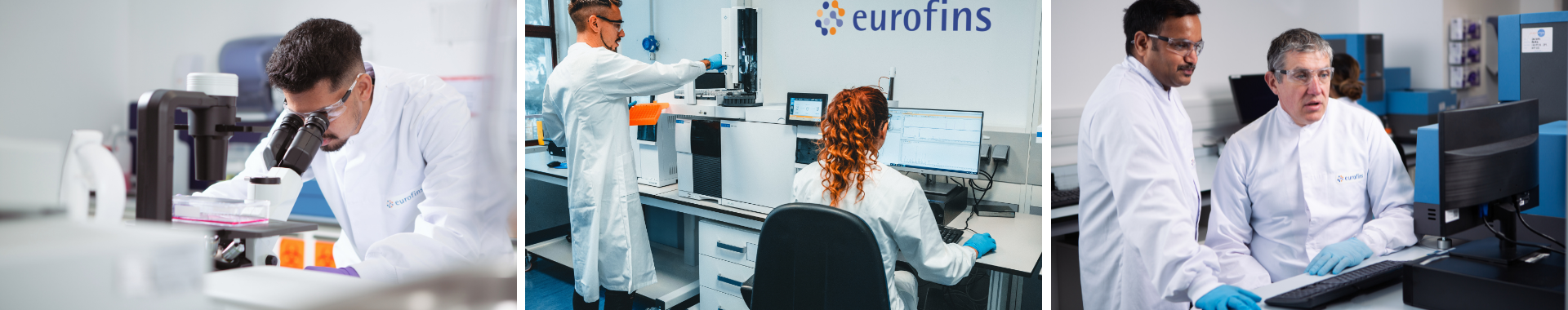 Varios técnicos de laboratorio en un laboratorio de Eurofins BioPharma Product Testing, realizando análisis en materiales de acondicionamiento. Utilizando equipos avanzados y técnicas especializadas, los técnicos llevan a cabo pruebas exhaustivas para asegurar la calidad y conformidad de los materiales. 