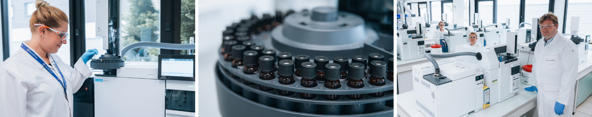 Varios técnicos de laboratorio en un laboratorio de Eurofins BioPharma Product Testing, manipulando maquinaria avanzada para el control de productos farmacéuticos y biológicos. Están llevando a cabo análisis en materias primas, intermedios de proceso, excipientes, API y productos terminados, con un enfoque en la precisión y la calidad. y biológica.