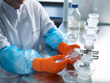 Un técnico de laboratorio con bata y guantes protectores, manipulando una muestra en una placa de Petri en un laboratorio de Eurofins BioPharma Product Testing. Los laboratorios cuentan con amplia experiencia y una oferta completa de ensayos para el desarrollo y control de calidad de productos antibióticos, asegurando la potencia y eficacia de los tratamientos en el combate contra infecciones.