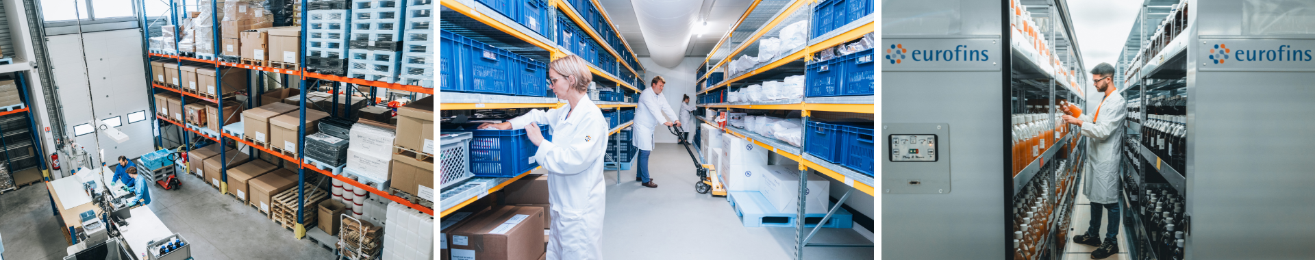 Técnicos de laboratorio moviendo materiales de las estanterías en las áreas de recepción de los almacenes de Eurofins. La escena destaca la organización, la precisión y la capacidad de almacenamiento en el manejo de materiales para pruebas de estabilidad a largo plazo.