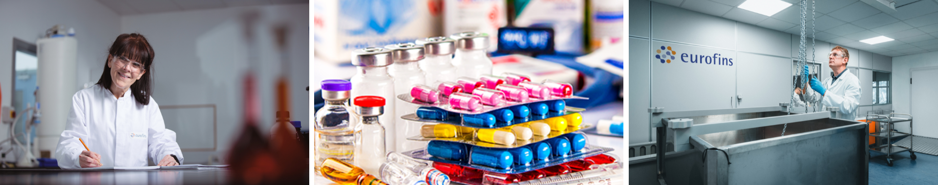 Técnicos de laboratorio realizando pruebas relacionadas con el embalaje y los sistemas de liberación en el laboratorio de Eurofins. La escena destaca la precisión y el enfoque detallado en la evaluación de los procesos de liberación y las características de los materiales de embalaje.