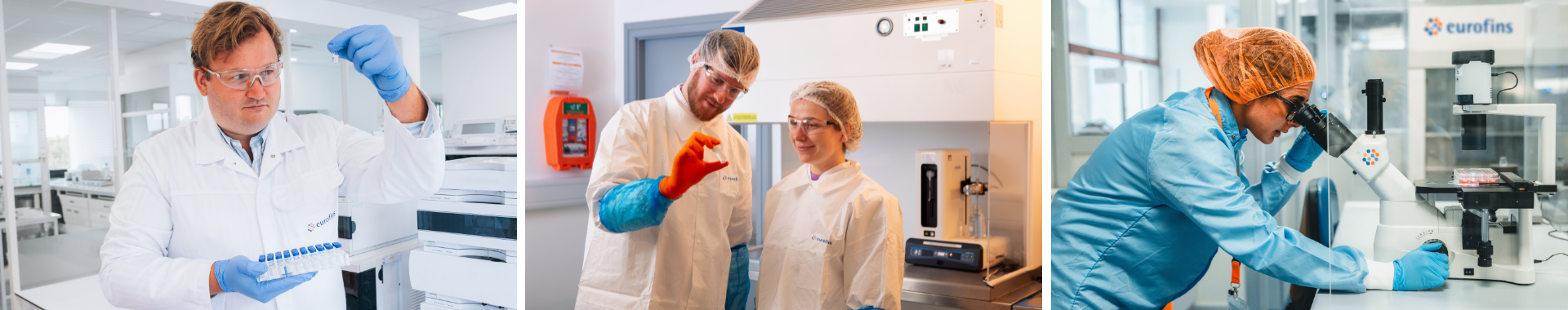 Varios técnicos de laboratorio en un laboratorio de Eurofins BioPharma Product Testing con batas de laboratorio y gafas protectoras y sosteniendo un vial para el análisis de control de materias primas.