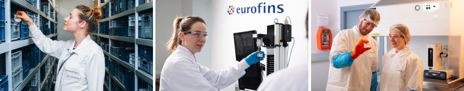 Técnicos de laboratorio en el área de almacenamiento de estabilidad y laboratorios de Eurofins, realizando diferentes tipos de estudios. Las escenas destacan la precisión y atención al detalle en los procedimientos de pruebas de estabilidad.